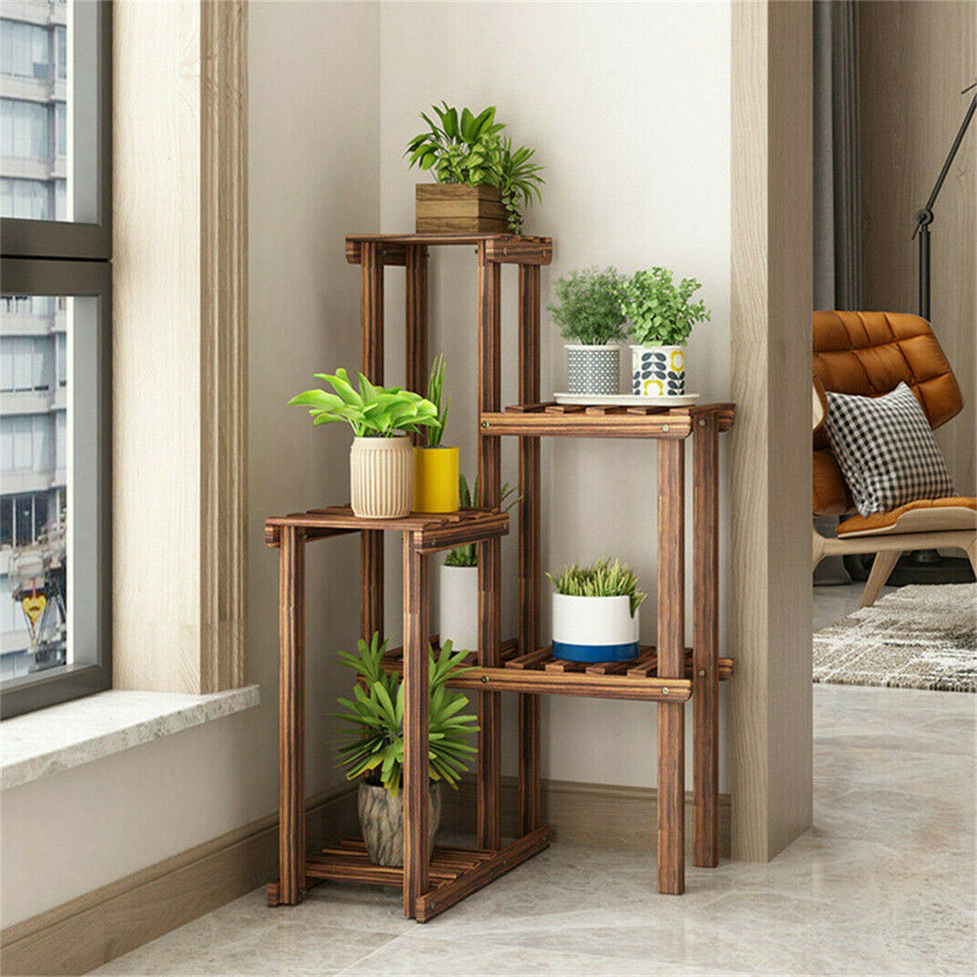 Extra Large Wood Plant Stand Flower Steady Carbonized Rack Outdoor Yard